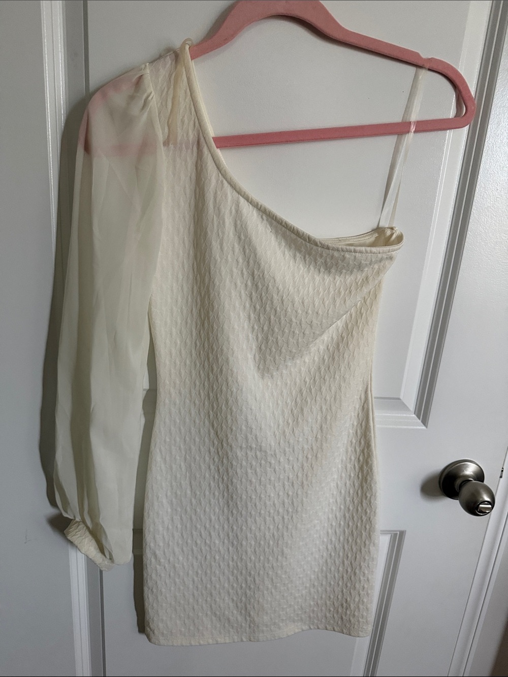 Charlotte Russe One-Shoulder Ivory Dress with Sheer Sleeve